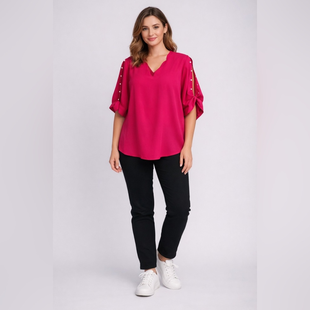 BloomChic Women's Plus Size Pink Scalloped Trim Pearl Beaded Knot Sleeve Blouse